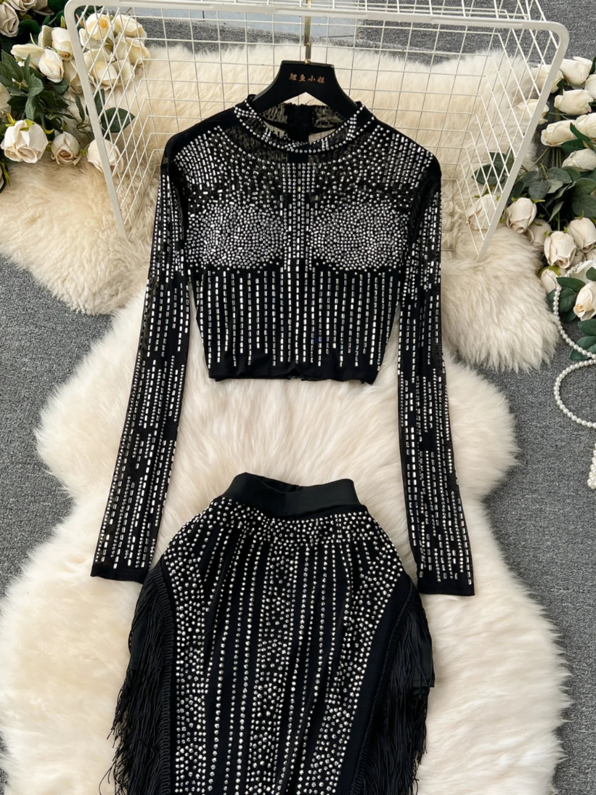 Ensemble Femme Manches Longues Sequins & Franges — Jupe Longue Tendance 2024