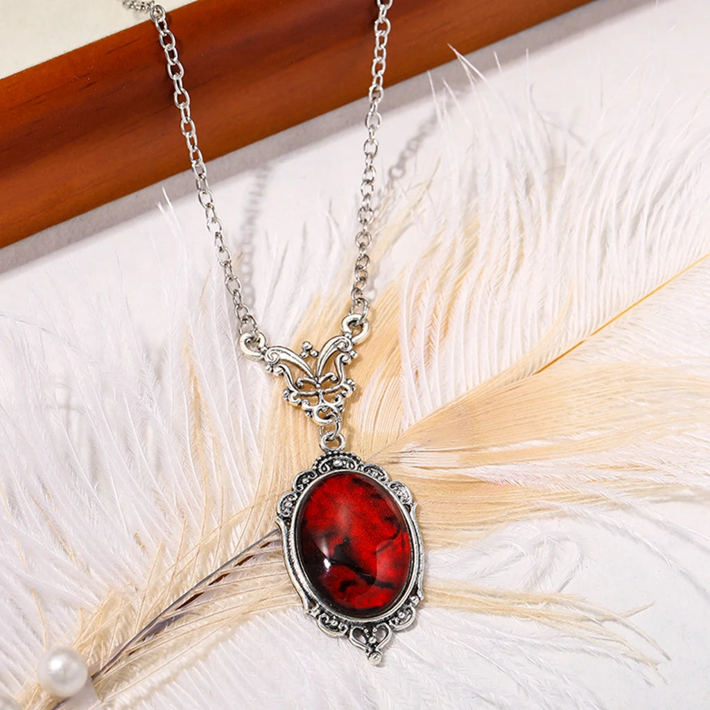 Collier Pendentif Gothique Quartz Rouge — Ovale, Vampire Halloween, Vintage Choker