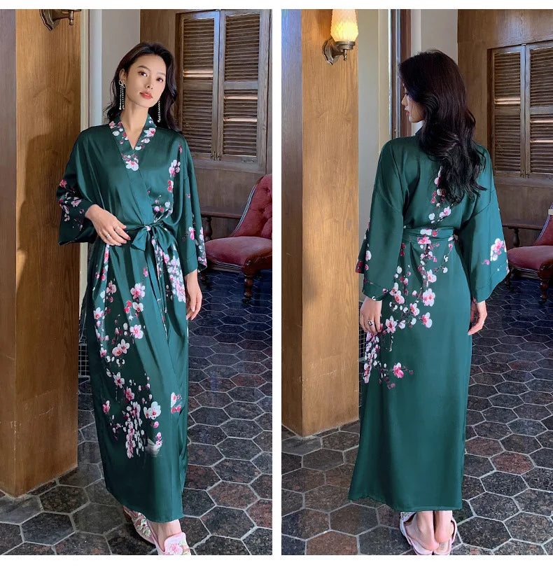 Robe de Chambre Femme Style Chinois Satin — Kimono Imprimé, Manches Mi-Longues, Lounge
