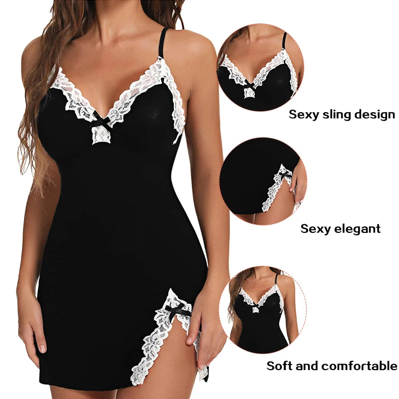 Nuisette Femme Soie Satin Sexy — Sans Manches, Col V, Fente, Lingerie Été