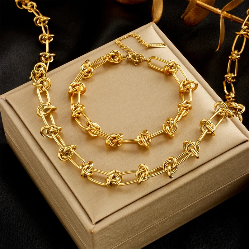 DIEYURO Parure Collier & Bracelet Nœud Torsadé Acier 316L — Or & Argent, Anti-Ternissement