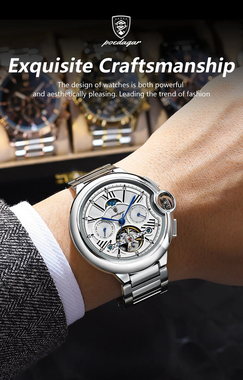 POEDAGAR Montre Automatique Homme Luxe — Tourbillon, Acier, Date & Semaine, Étanche
