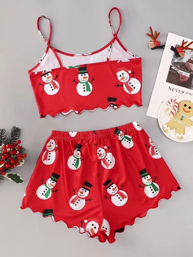 Pyjama Femme Noël Bonhomme de Neige — Bretelles, Col Rond, Top & Short Lounge