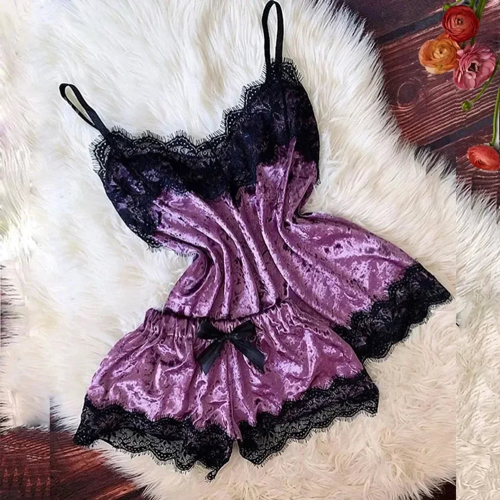Pyjama Femme Dentelle Satin 2 Pièces — Top Court & Short, Sexy Lounge Été