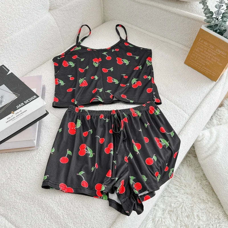 Pyjama Femme Soie Glacée Imprimé — Top Col Rond & Short, Respirant & Confortable