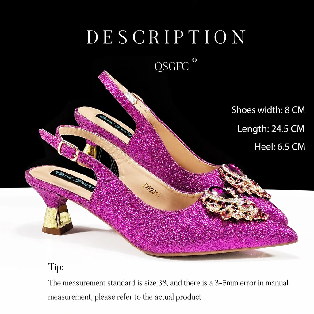 Ensemble Chaussures & Sac Femme Strass Magenta — Bout Pointu, Talon Haut, Mariage Soirée