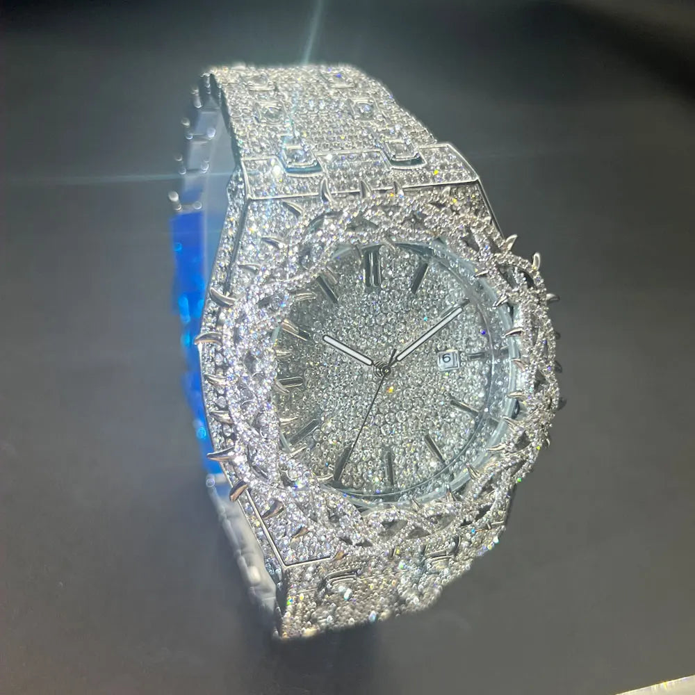 MISSFOX Montre Homme Noire Luxe — Couronne Diamant, Hip Hop, Quartz Glacé