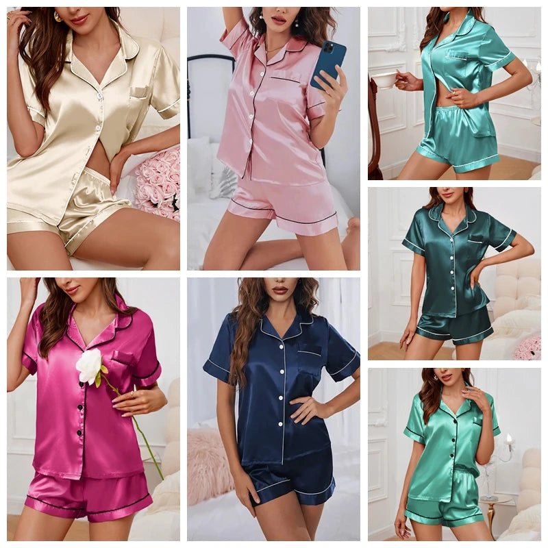 Pyjama Femme Satin Luxueux — 2 Pièces Manches Courtes, Col Chemise, Été