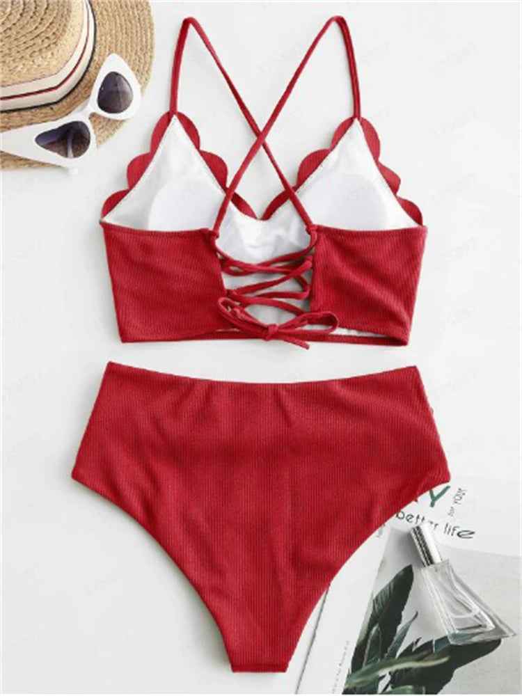 Bikini Femme Uni Côtelé Taille Haute 2026 — Bretelles, 2 Pièces, Maillot de Bain Plage