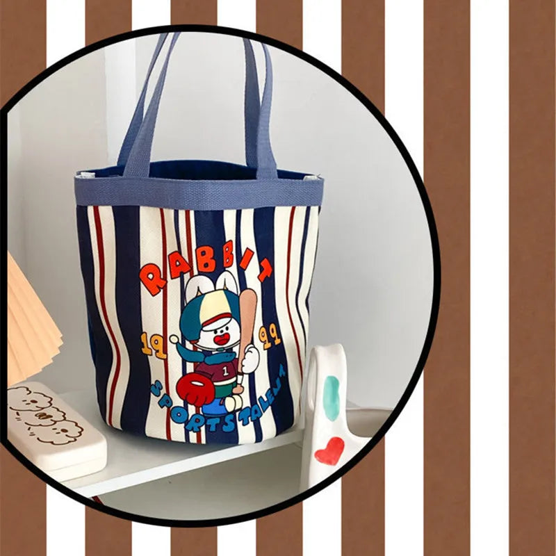 Sac Seau Toile Cartoon Imprimé — Tote Portable Cylindrique, Lunch Bag Fille Étudiante