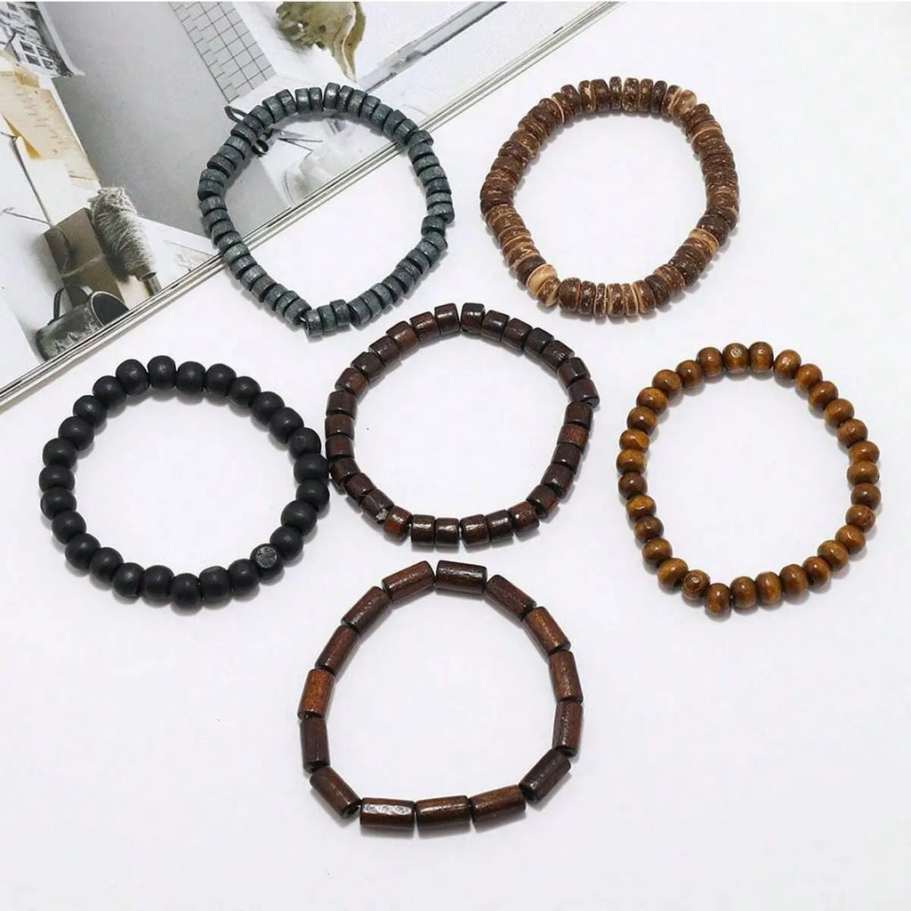 Bracelet Homme Cuir Tressé Bois 6 Pièces — Perles Bois Vintage, Armband Masculin