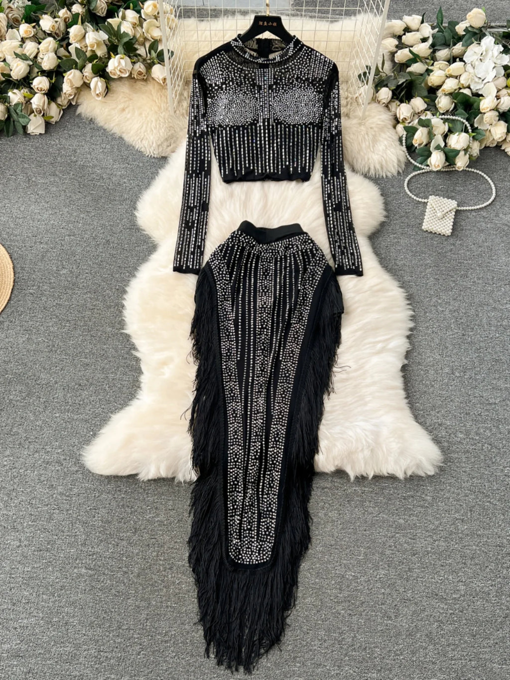 Ensemble Femme Manches Longues Sequins & Franges — Jupe Longue Tendance 2024