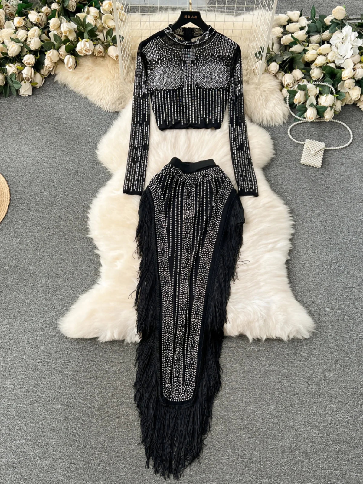 Ensemble Femme Manches Longues Sequins & Franges — Jupe Longue Tendance 2024