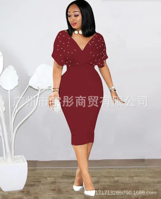 Robe Midi Sexy Col V Moulante — Couleur Unie, Bureau & Soirée, Printemps Été 2025