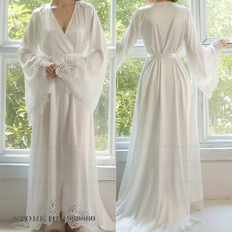 Robe de Chambre Mariée Blanche Dentelle Longue — Kimono Soie Glacée, Sexy Lounge