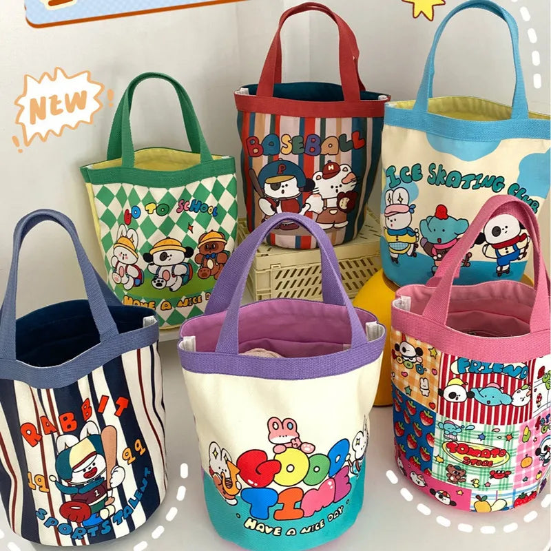 Sac Seau Toile Cartoon Imprimé — Tote Portable Cylindrique, Lunch Bag Fille Étudiante