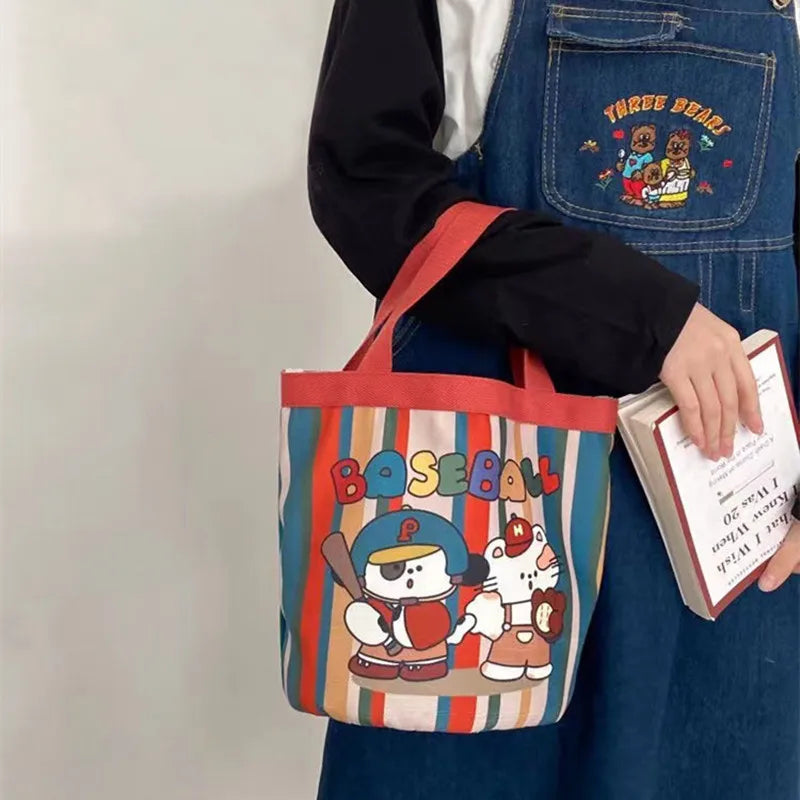 Sac Seau Toile Cartoon Imprimé — Tote Portable Cylindrique, Lunch Bag Fille Étudiante