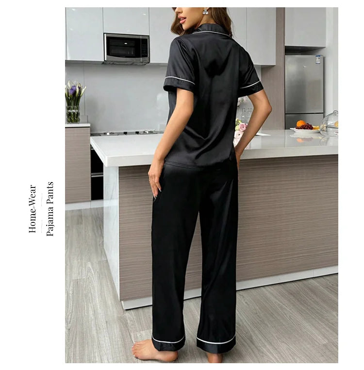 Pyjama Femme Satin Automne 2 Pièces — Haut Boutons Manches Courtes & Pantalon, Doux
