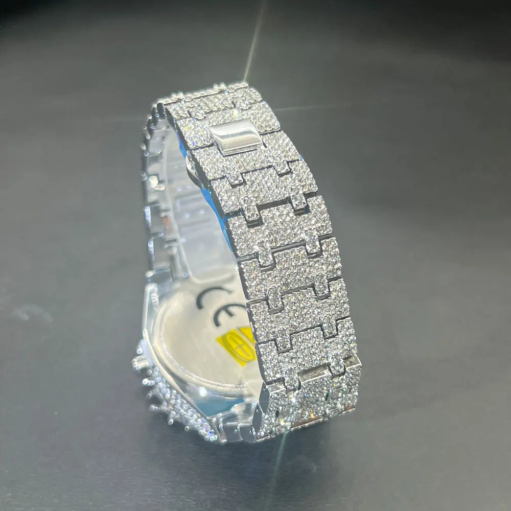MISSFOX Montre Homme Noire Luxe — Couronne Diamant, Hip Hop, Quartz Glacé
