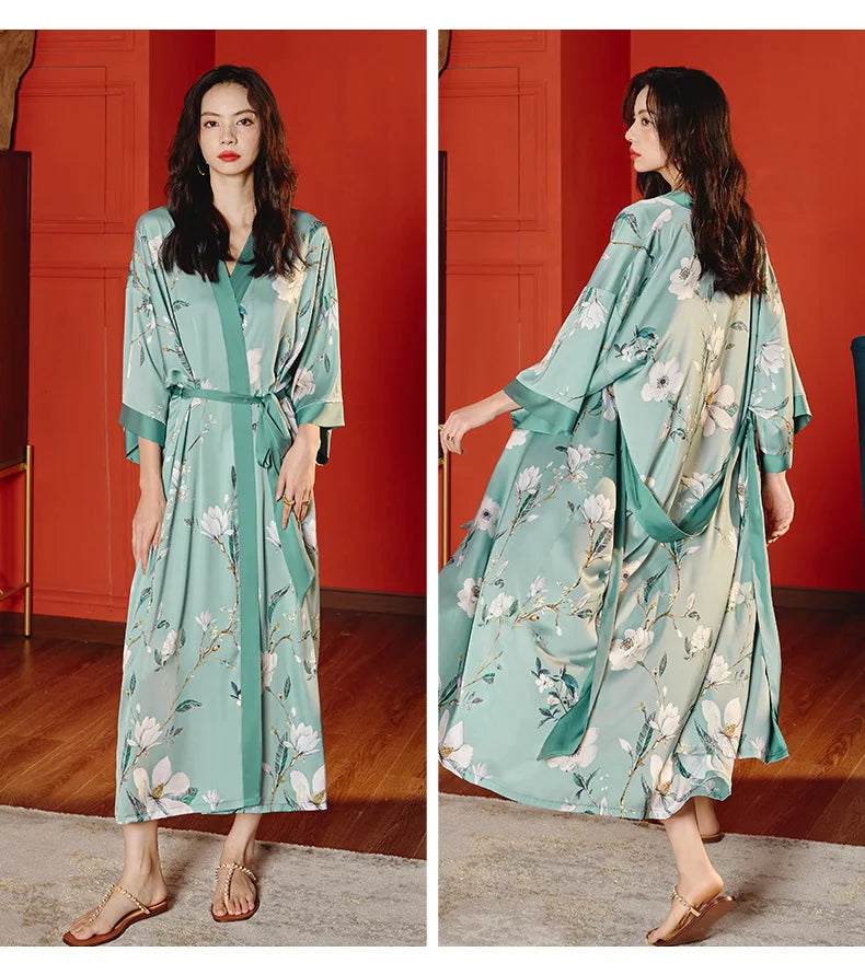 Robe de Chambre Femme Style Chinois Satin — Kimono Imprimé, Manches Mi-Longues, Lounge