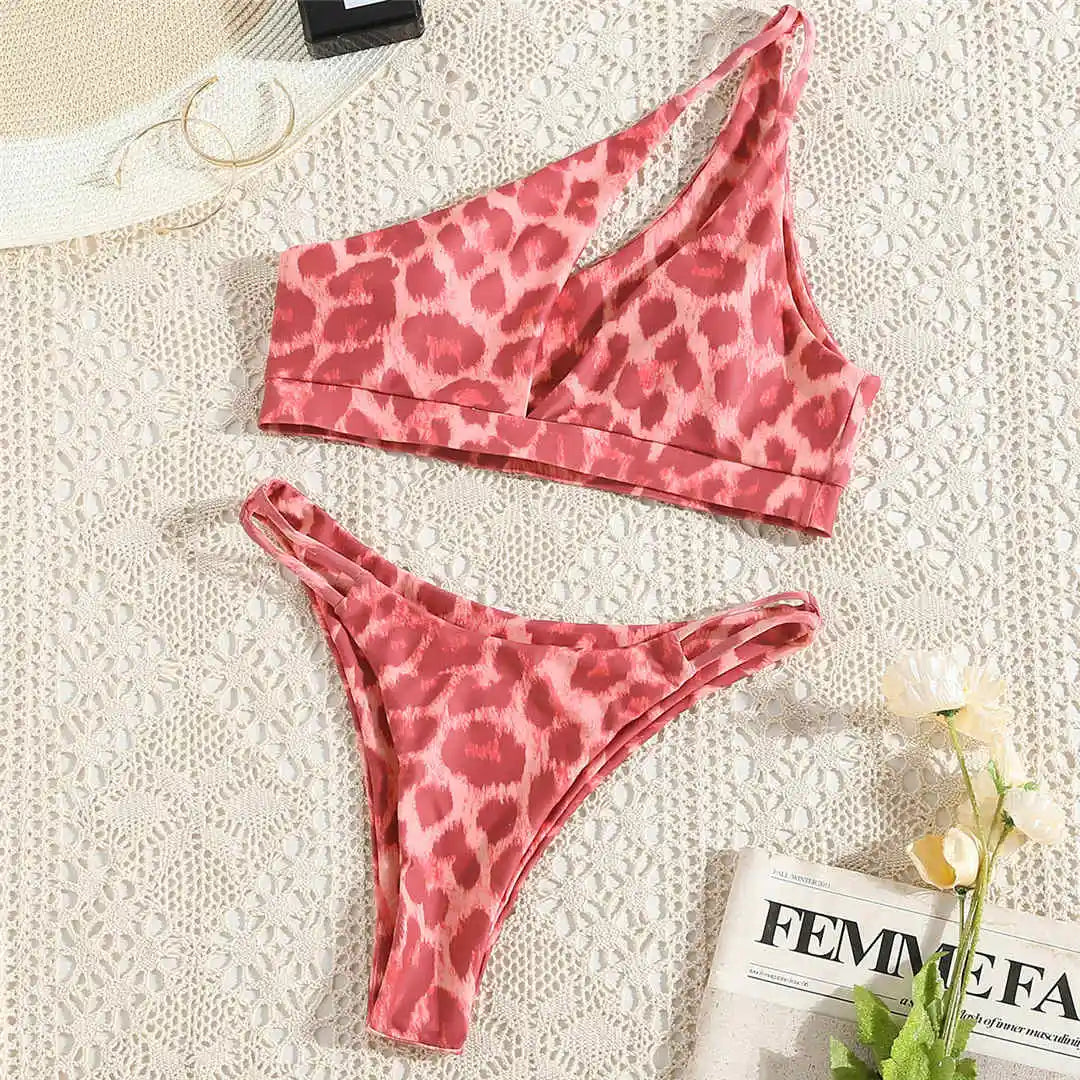 Bikini Léopard Asymétrique Femme — Une Épaule, Maillot de Bain 2 Pièces