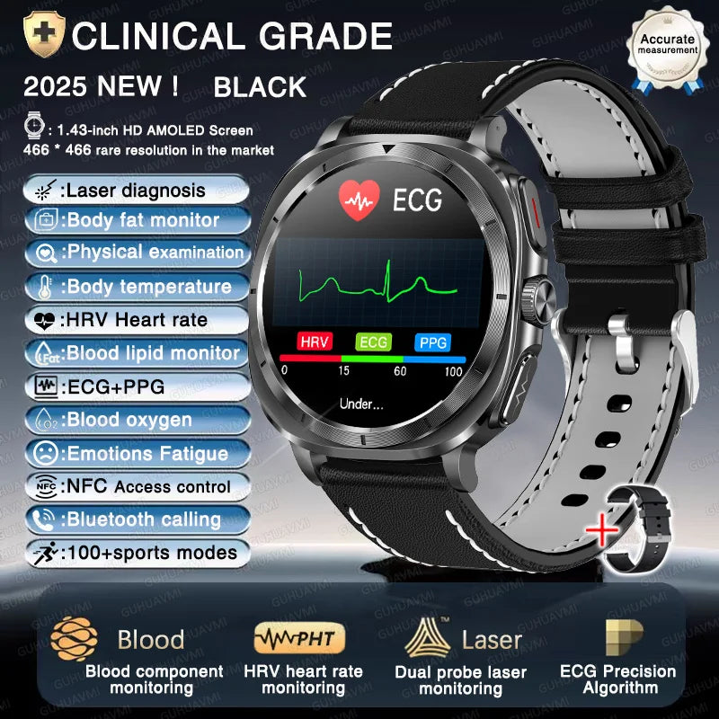 ساعة ذكية صحية بالليزر ECG 2025 — ضغط الدم، حمض اليوريك، NFC، مكالمات