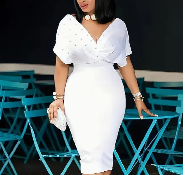 Robe Midi Sexy Col V Moulante — Couleur Unie, Bureau & Soirée, Printemps Été 2025