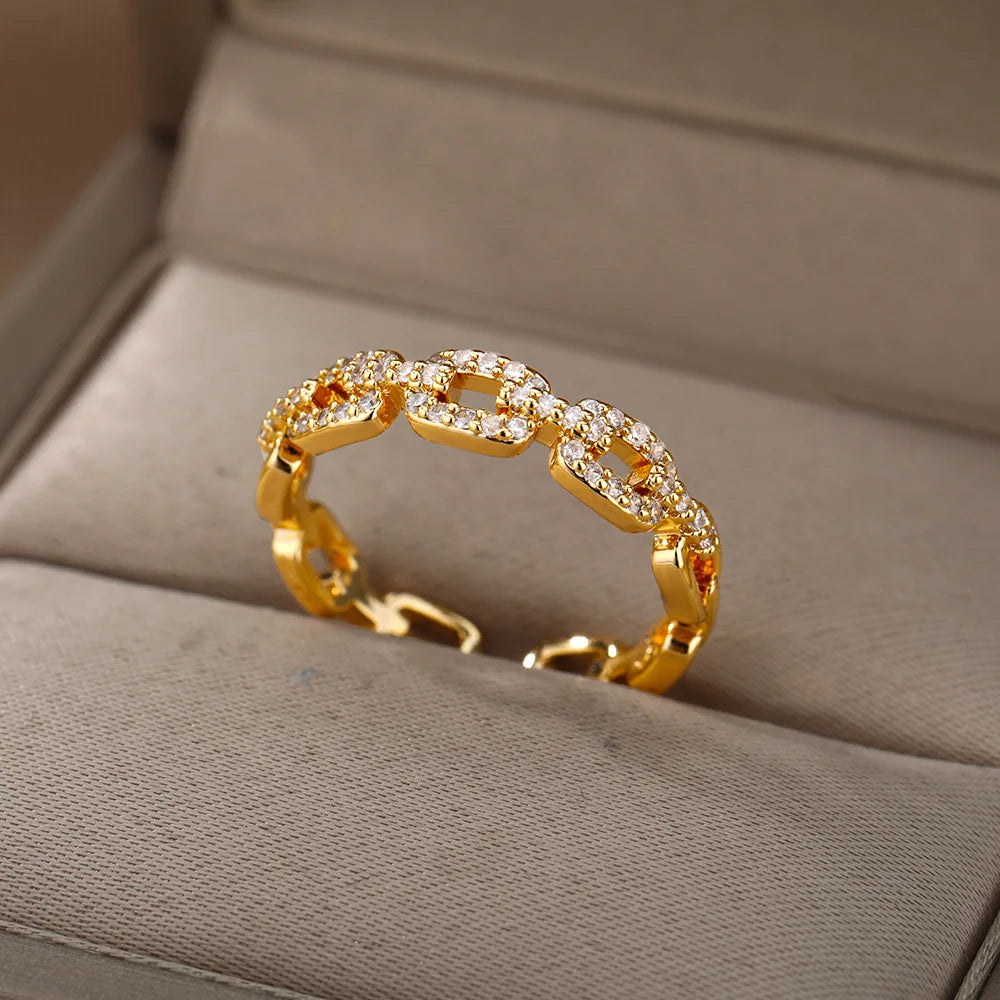Bague Femme Zircon Géométrique Acier Doré — Ajustable, Luxe Mariage & Soirée 2024