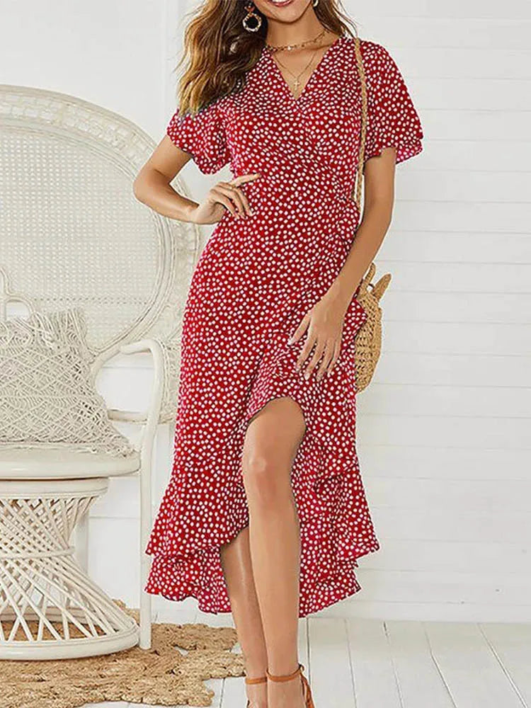 Robe Longue Boho Fleurie Mousseline — Col V, Volantée, Plage & Soirée Été