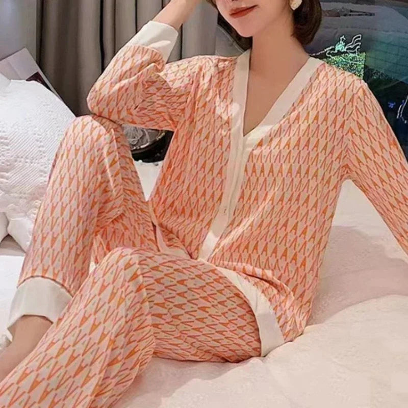 Pyjama Femme Soie Glacée 2 Pièces — Manches Longues, Ample & Confortable, Printemps-Été