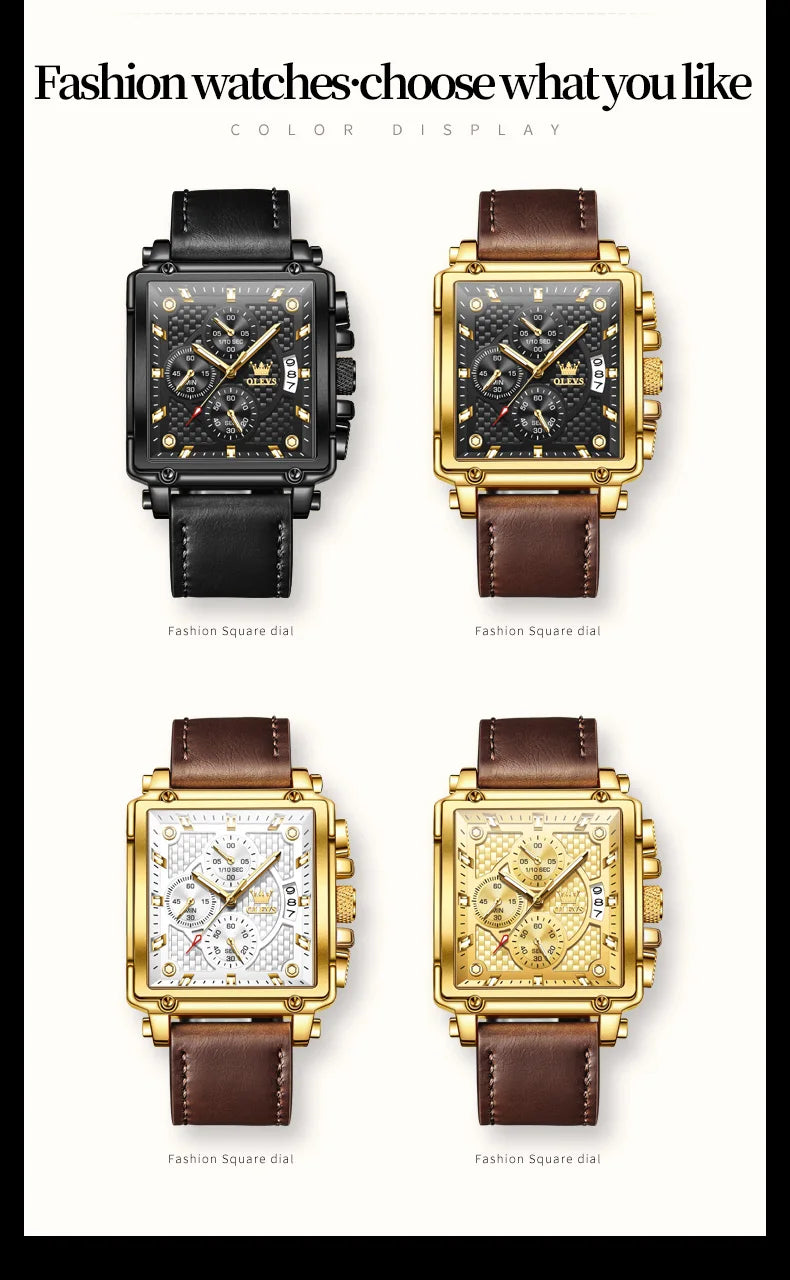 Montre Homme OLEVS Carrée Luxe Quartz — Étanche, Lumineux, Chronographe, Relogio