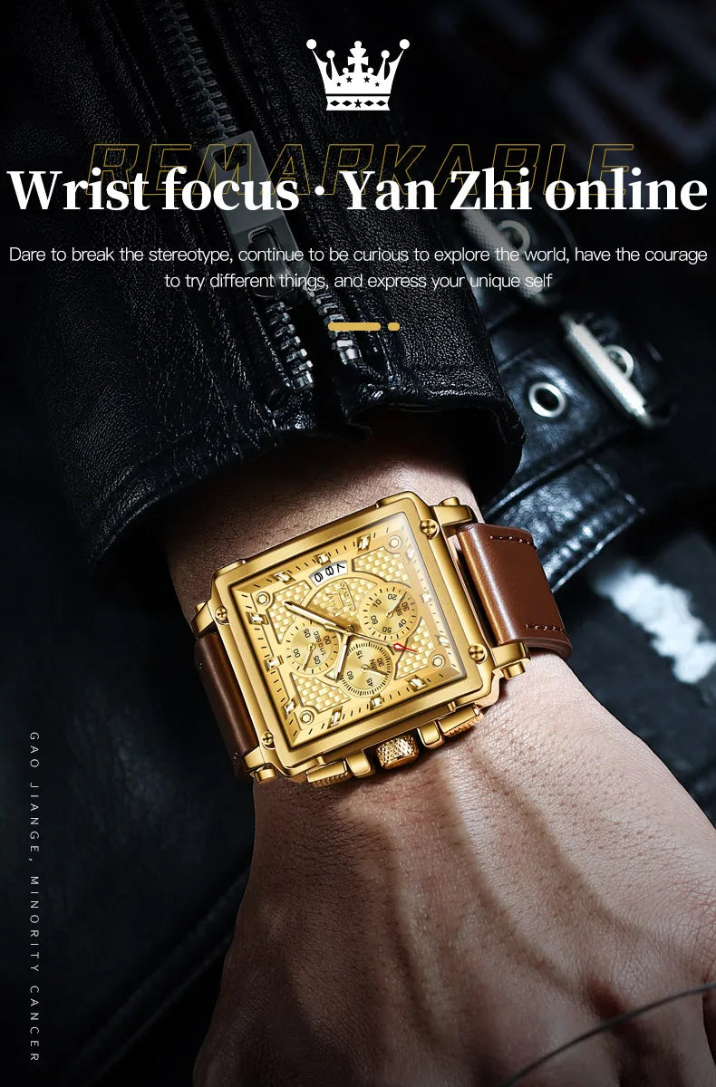 Montre Homme OLEVS Carrée Luxe Quartz — Étanche, Lumineux, Chronographe, Relogio