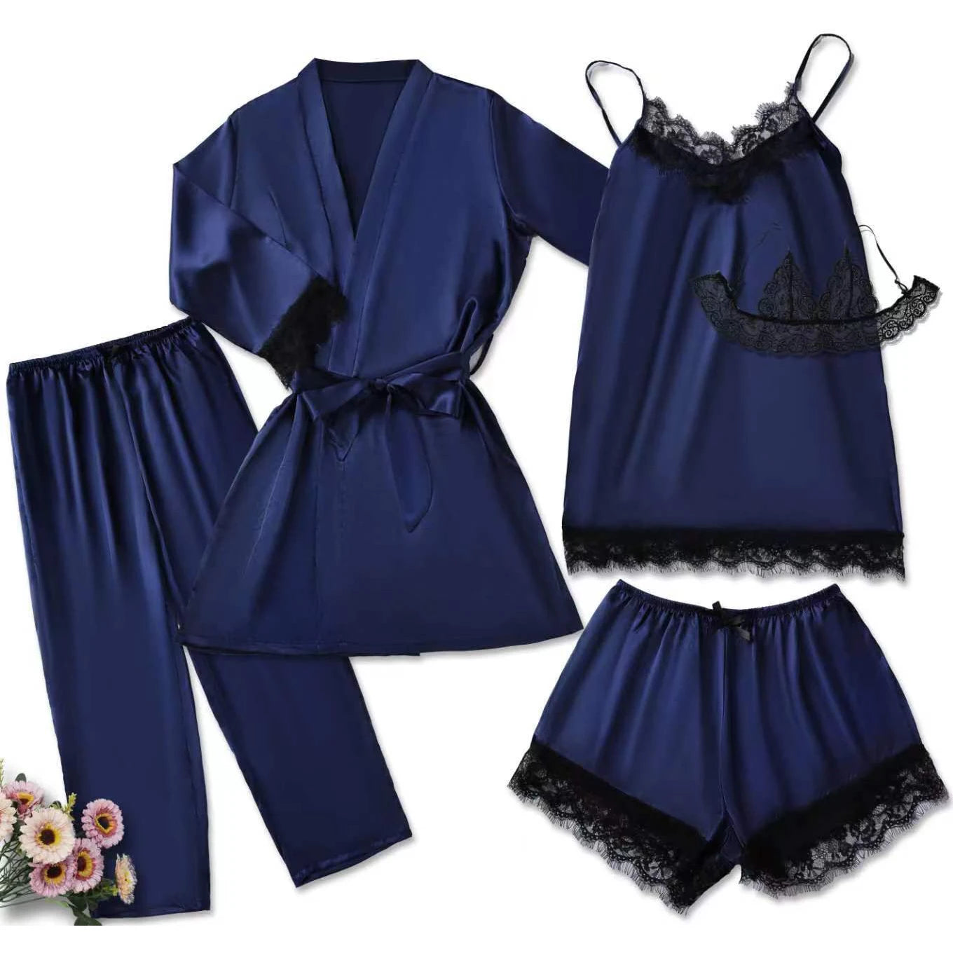 Pyjama Femme Satin Rose Lingerie — Robe de Bain Dentelle, Nuisette & Pantalon