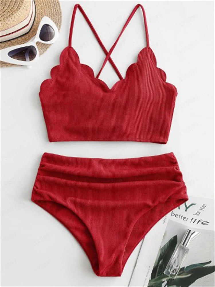 Bikini Femme Uni Côtelé Taille Haute 2026 — Bretelles, 2 Pièces, Maillot de Bain Plage