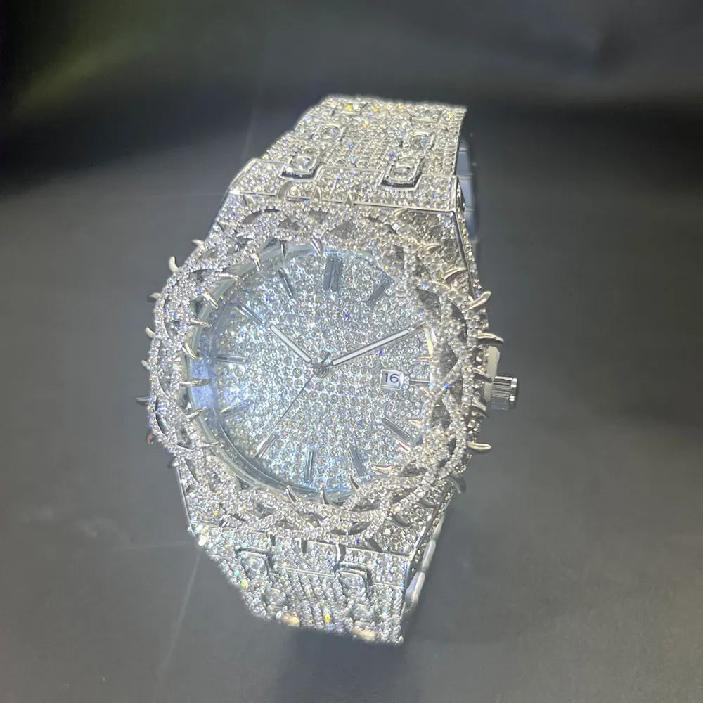 MISSFOX Montre Homme Noire Luxe — Couronne Diamant, Hip Hop, Quartz Glacé