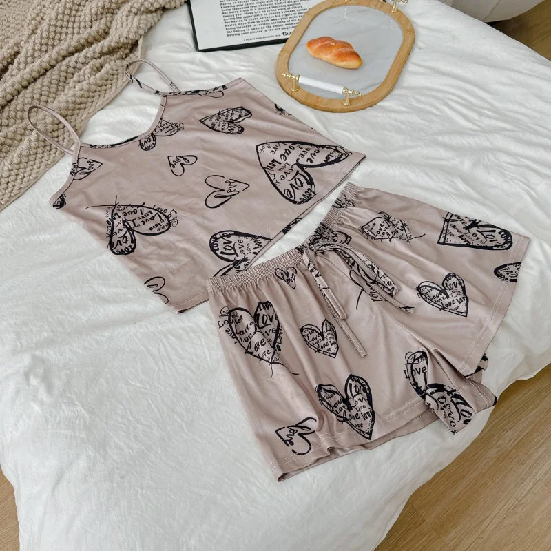 Pyjama Femme Sexy Satin Soie Glacée — Top Col Rond & Short, Imprimé, Respirant