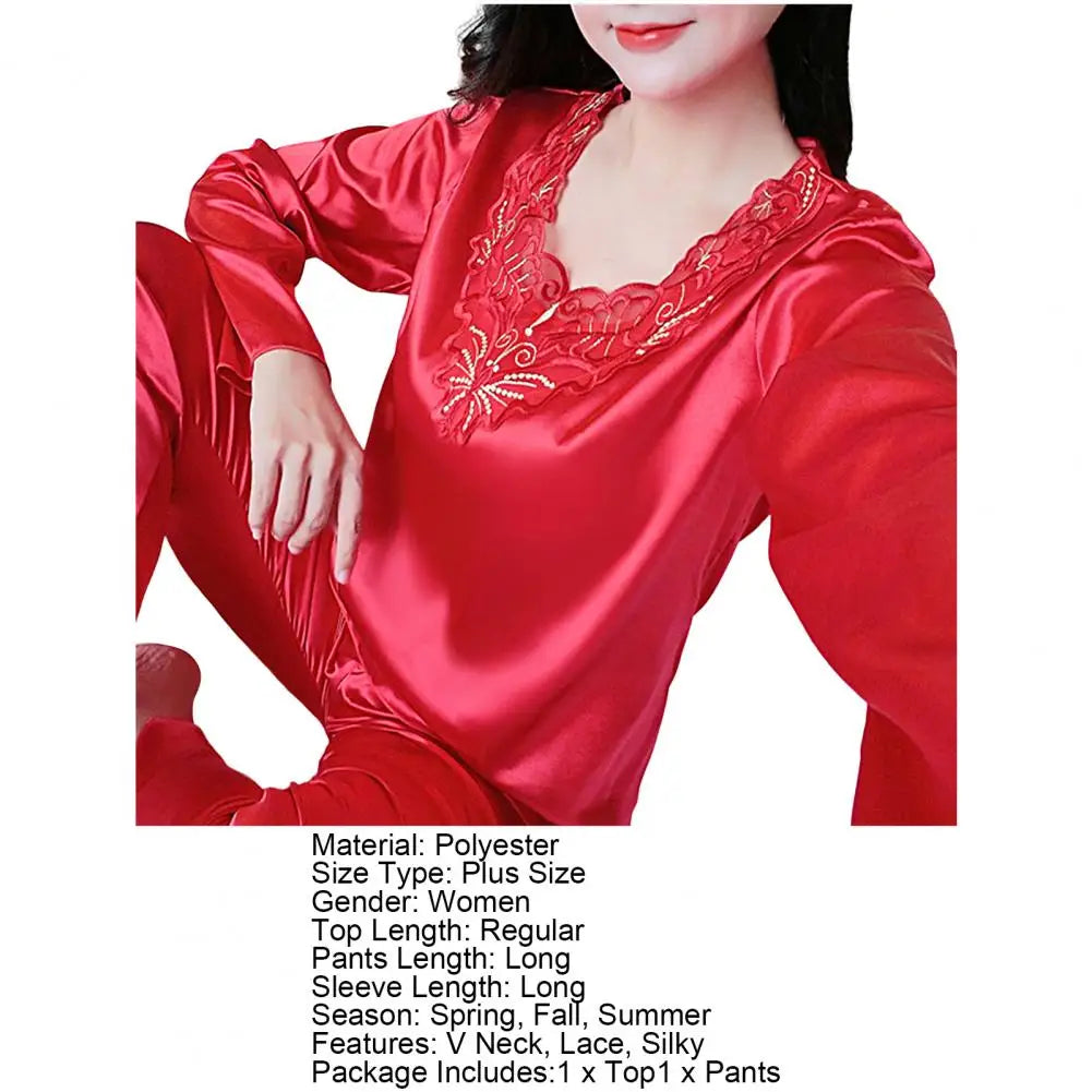 Pyjama Femme Soyeux Manches Longues 2025 — Col V, Dentelle Grande Taille, Lounge