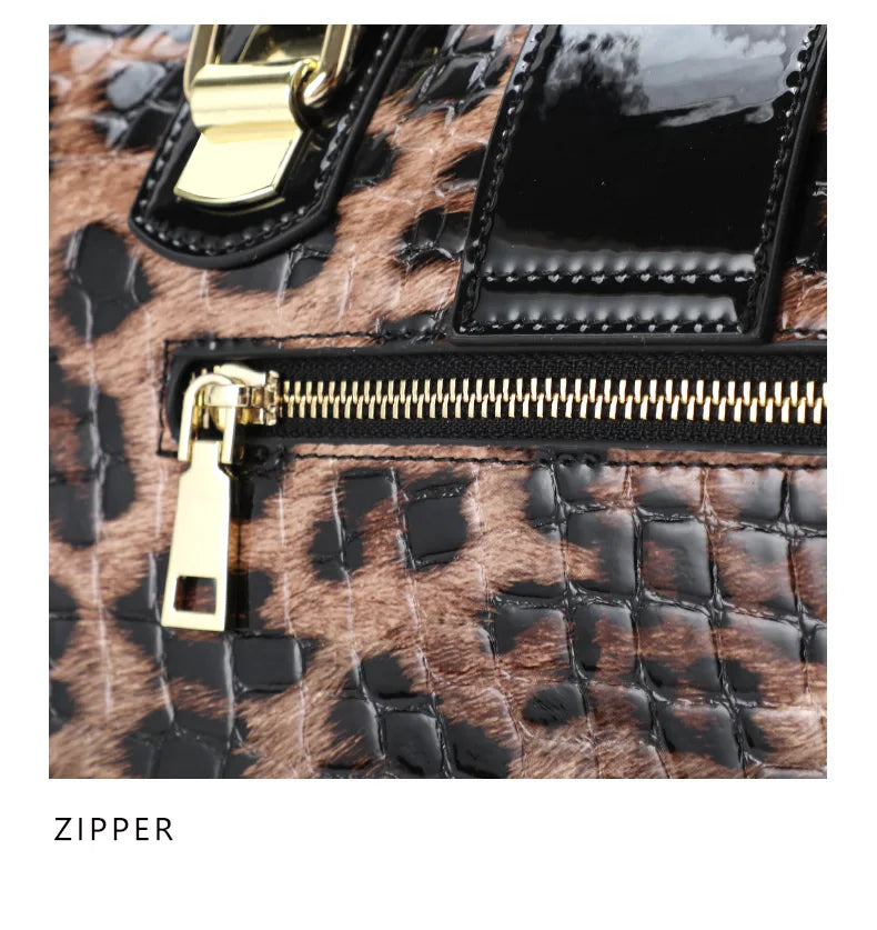 Sac Boston Femme Cuir Véritable Imprimé Léopard — Style Luxe Tendance