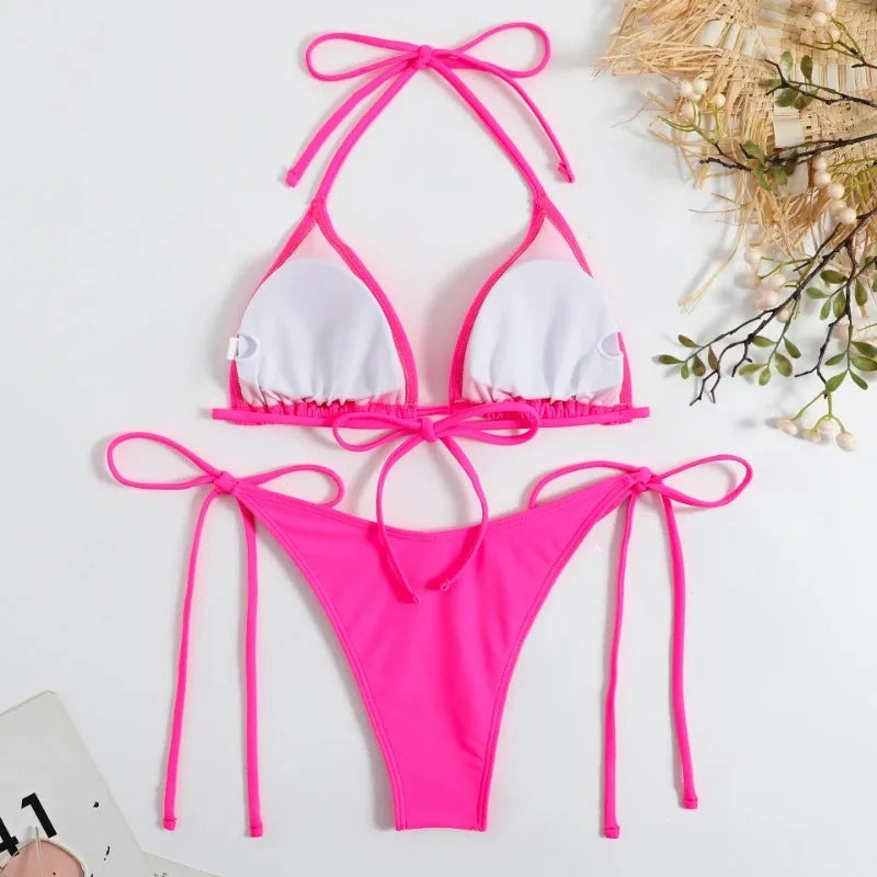 Bikini Femme Uni Tanga Halter — Ajustable, Style Brésilien, Maillot de Bain Plage