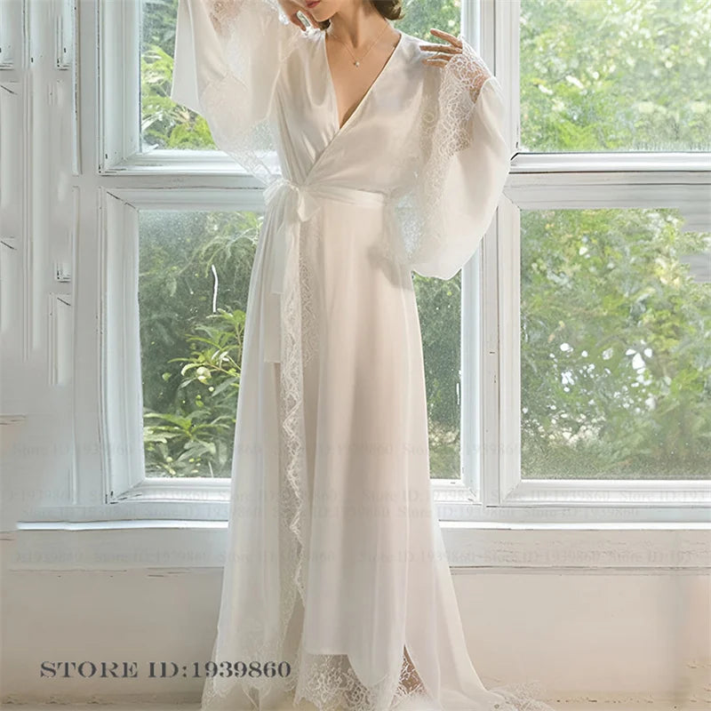 Robe de Chambre Mariée Blanche Dentelle Longue — Kimono Soie Glacée, Sexy Lounge