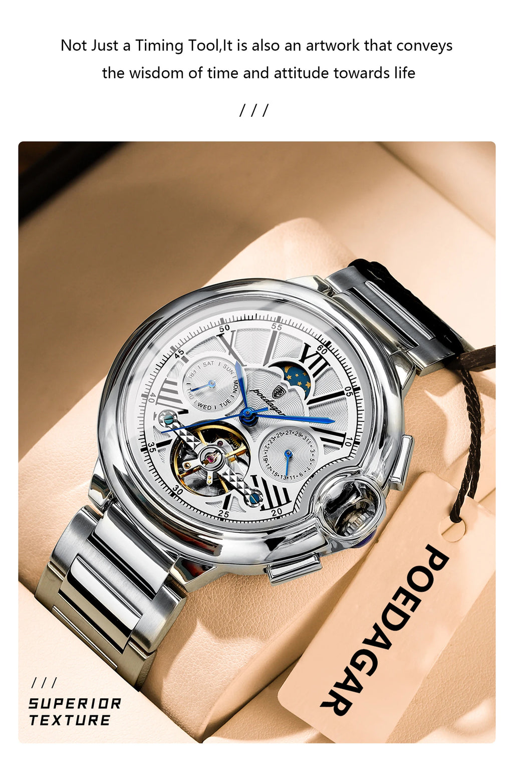 POEDAGAR Montre Automatique Homme Luxe — Tourbillon, Acier, Date & Semaine, Étanche