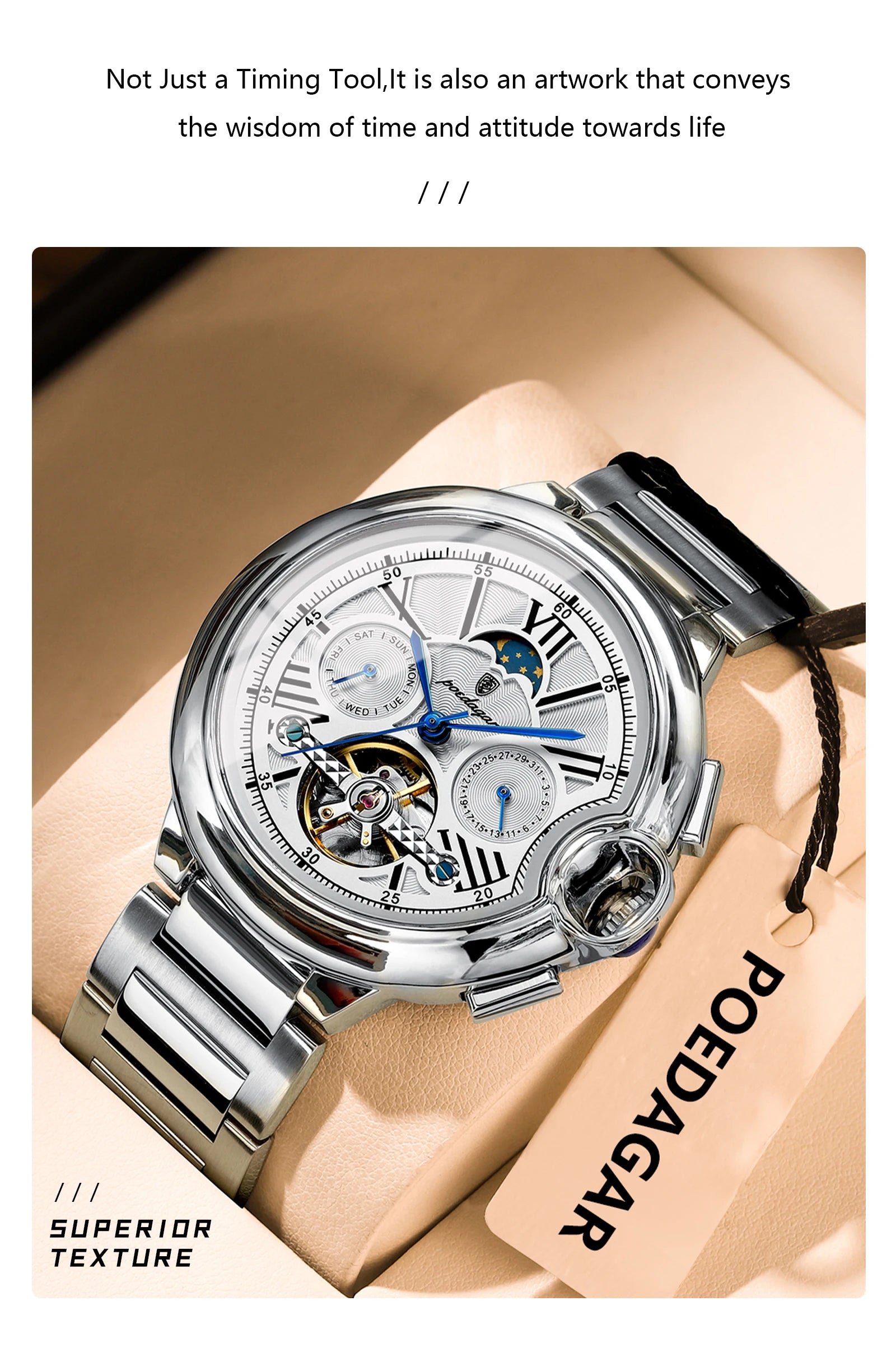 POEDAGAR Montre Automatique Homme Luxe — Tourbillon, Acier, Date & Semaine, Étanche