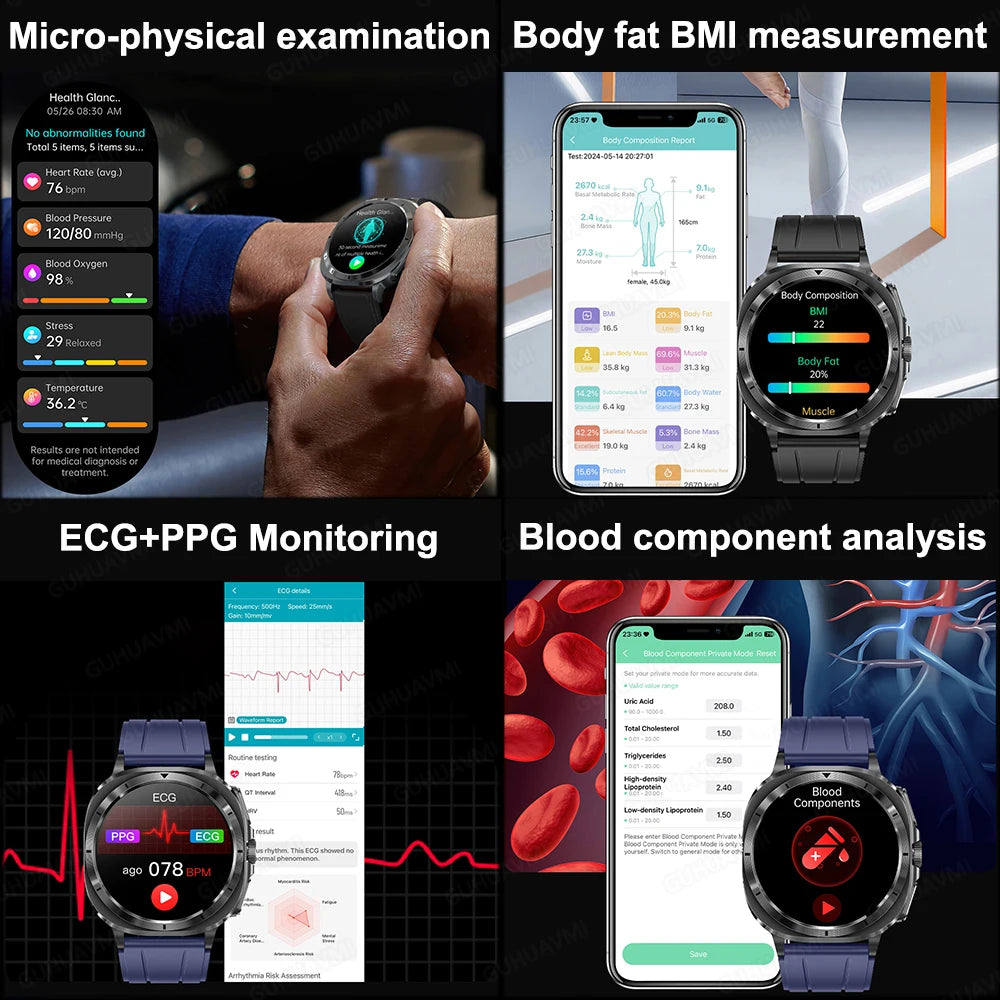 Montre Connectée Santé ECG Laser 2025 — Tension Artérielle, Acide Urique, NFC, Appels
