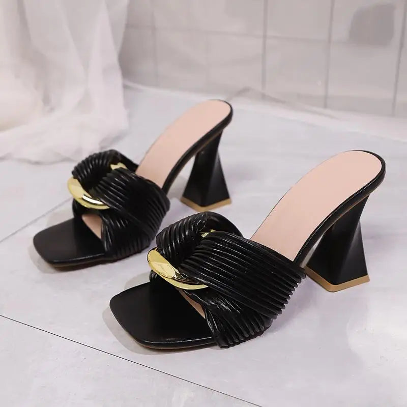 Sandales Femme Talon Épais Boucle Métal 2026 — Mules Luxe Violet, Designer Soirée
