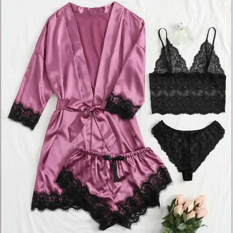 Ensemble Lingerie Femme 4 Pièces Dentelle — Nuisette, Short, Robe de Chambre, Sexy