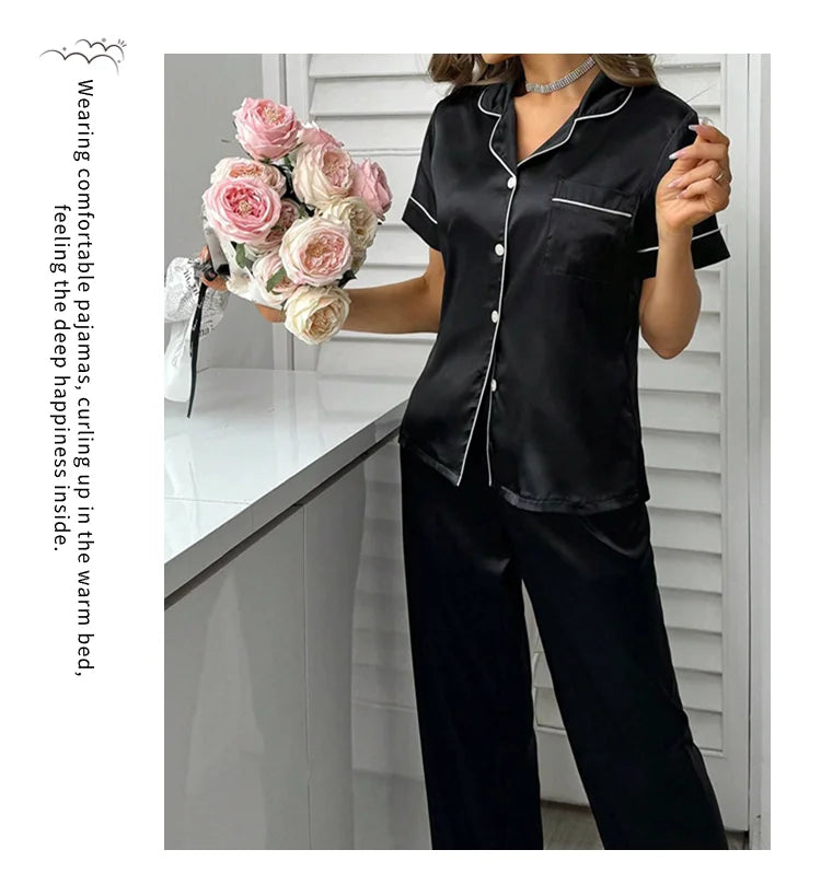 Pyjama Femme Satin Automne 2 Pièces — Haut Boutons Manches Courtes & Pantalon, Doux