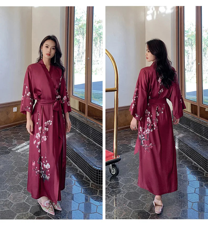 Robe de Chambre Femme Style Chinois Satin — Kimono Imprimé, Manches Mi-Longues, Lounge