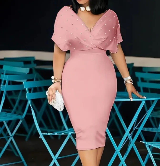 Robe Midi Sexy Col V Moulante — Couleur Unie, Bureau & Soirée, Printemps Été 2025