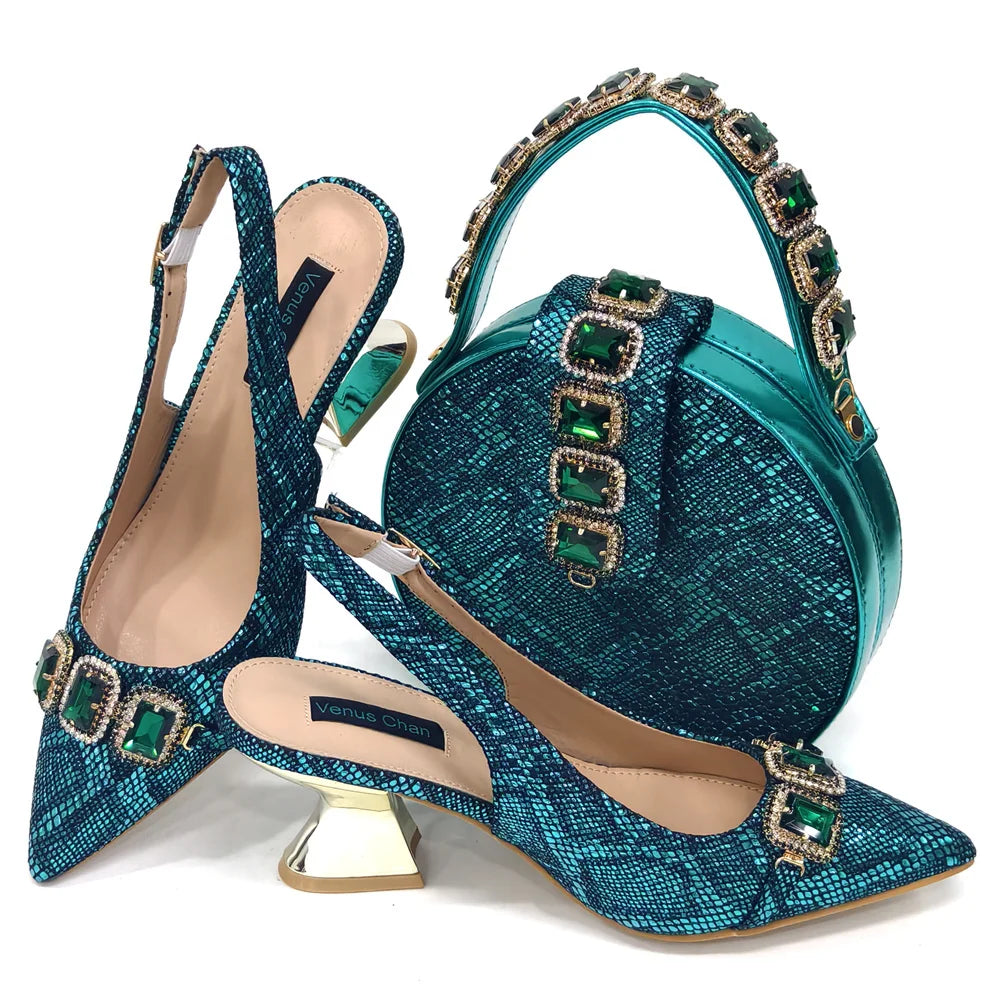 Ensemble Chaussures & Sac Femme Venus Chan Vert Strass — Talon Haut, Soirée Luxe