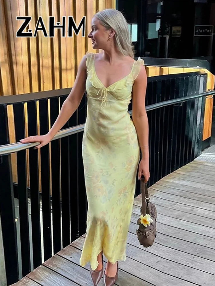 Robe Femme Bretelles Fleurs Imprimées Dos Nu — Slim, Sans Manches, Plage Été 2025